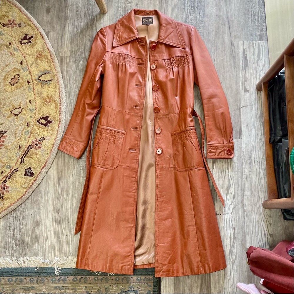 Vintage 1970s Split End Rust Orange 100% Leather Long Belted Trench Coat - Picture 11 of 17